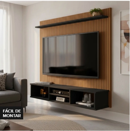 Painel TV Ripado Preto 3D com Nichos e Prateleira