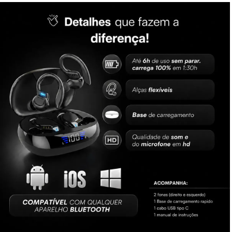Fone de Ouvido Bluetooth 5.3 Tws Sem Fio Esportivo