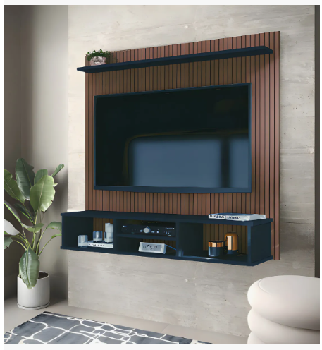 Painel TV Ripado Preto 3D com Nichos e Prateleira